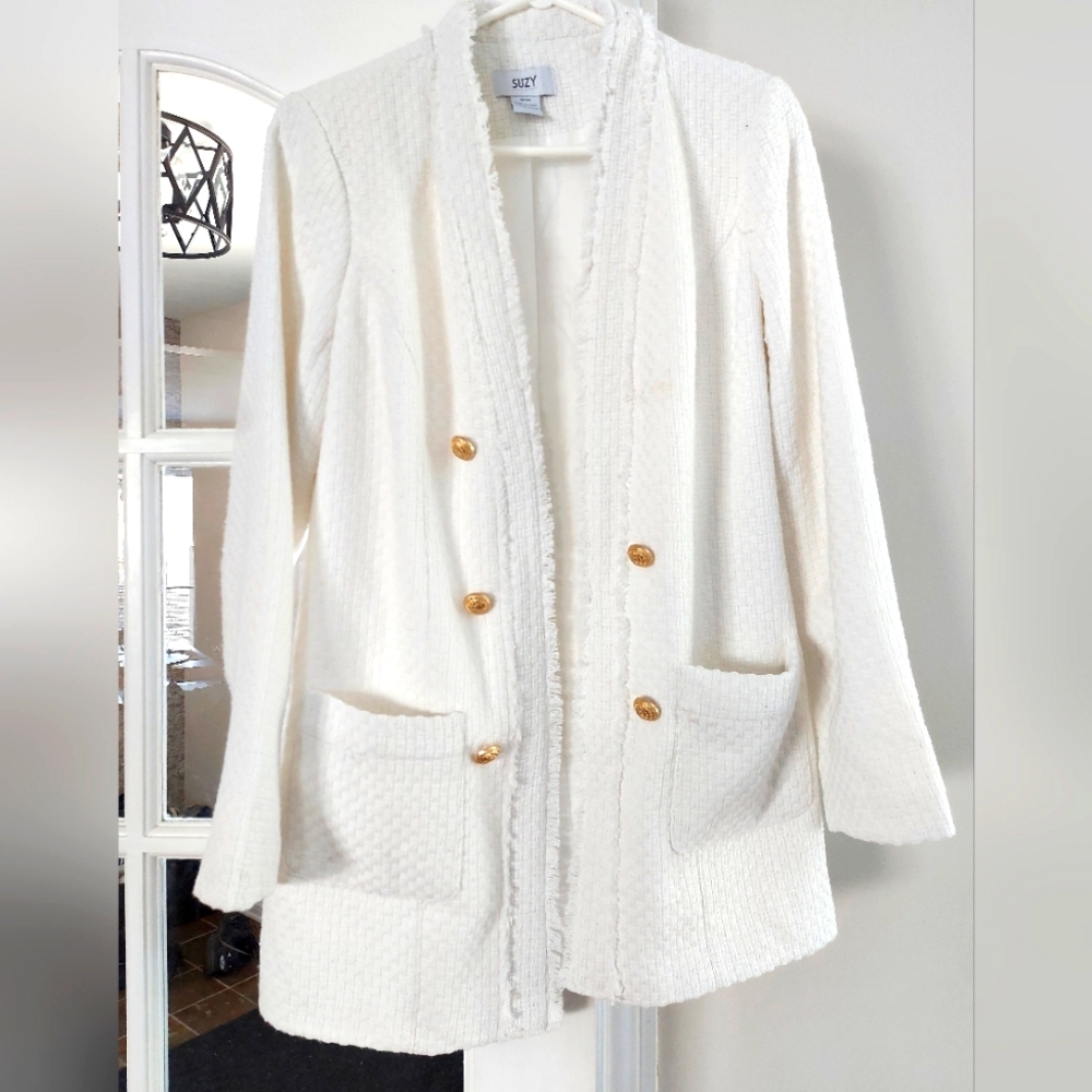 Elegant & Versatile Sky White Textured Women's Open Jacket.